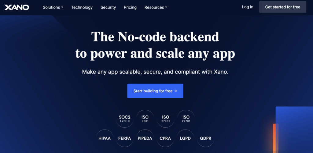 image of xano homepage